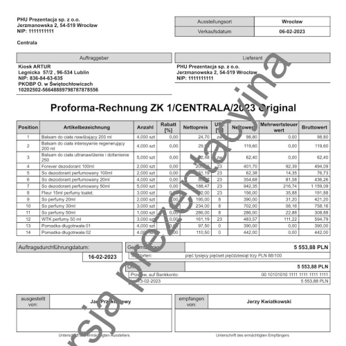 Wzorzec wydruku zamówienia od klienta ZK jako faktury proforma w języku niemieckim Subiekt nexo PRO