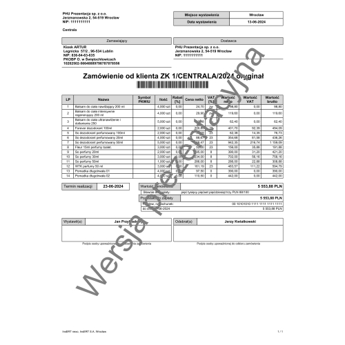Wzorzec wydruku faktury proforma z numerem dokumentu w postaci kodu kreskowego Subiekt nexo PRO