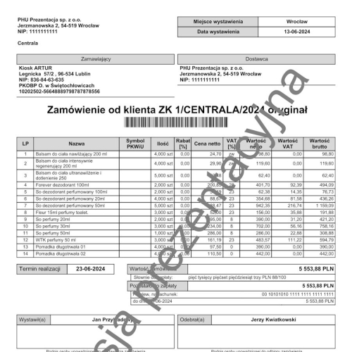Wzorzec wydruku faktury proforma z numerem dokumentu w postaci kodu kreskowego Subiekt nexo PRO