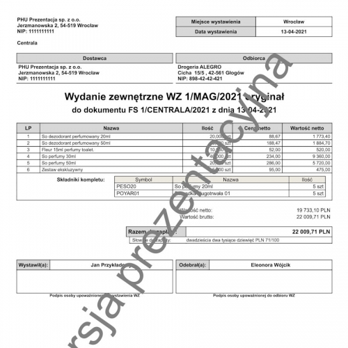 Wzorzec wydruku wydania zewnętrznego WZ z rozbiciem kompletów Subiekt nexo PRO
