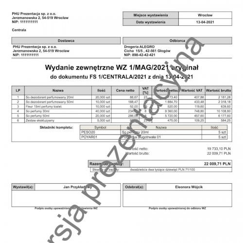 Wzorzec wydruku wydania zewnętrznego WZ z VAT z rozbiciem kompletów Subiekt nexo PRO