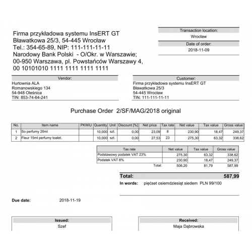 Wzorzec wydruku zamówienia do dostawcy ZD w języku angielskim Subiekt GT