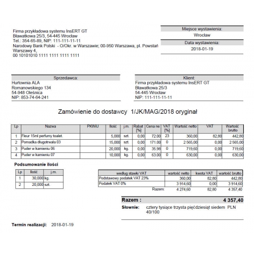 Wzorzec wydruku zamówienia do dostawcy ZD z podsumowaniem ilości wg jednostek miary Subiekt GT