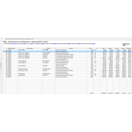 Zestawienie SQL: Zamówienia od klienta ZK z wyliczeniem marży Subiekt GT