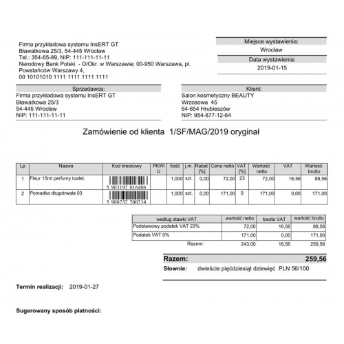 Wzorzec wydruku zamówienia od klienta ZK z kodami kreskowymi towarów Subiekt GT